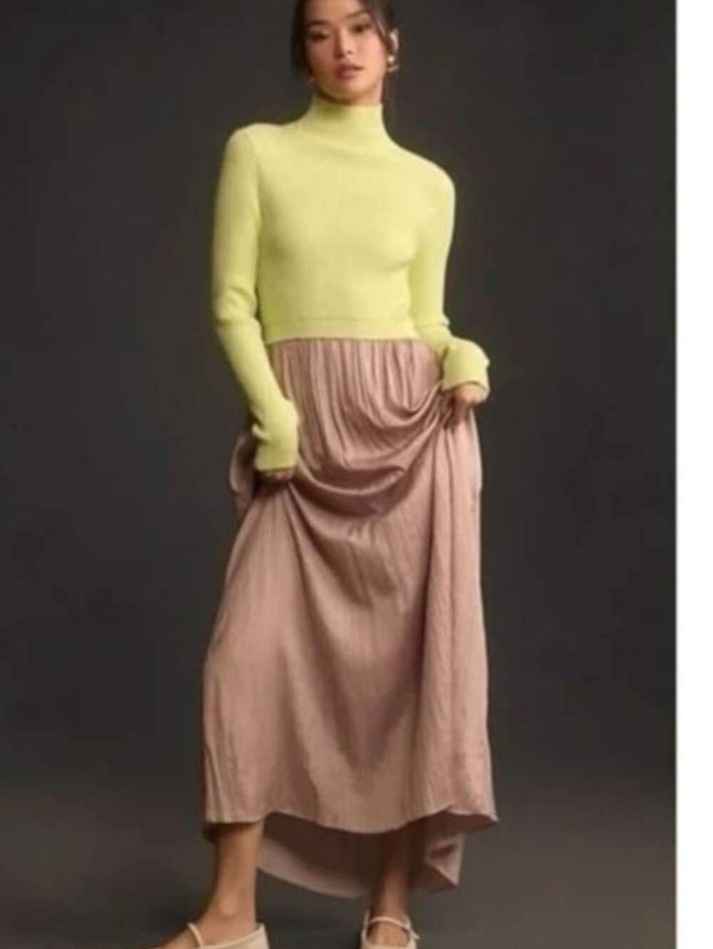 Anthropologie Twofer Blush Pink Pleated Maxi Skirt Electric Green / Yellow Long